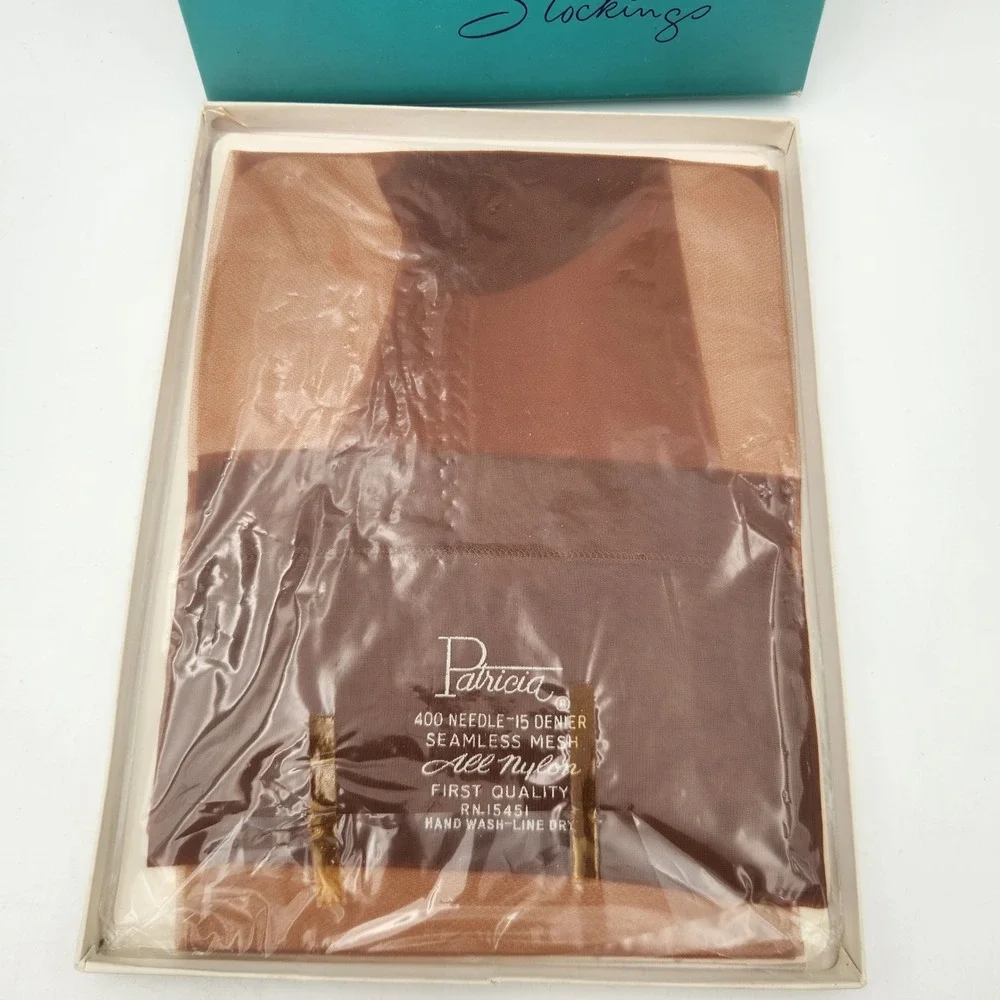 Vintage Merrie Maid Patricia Mesh Stockings Cinnamon Brown 15 Denier Size 9.5